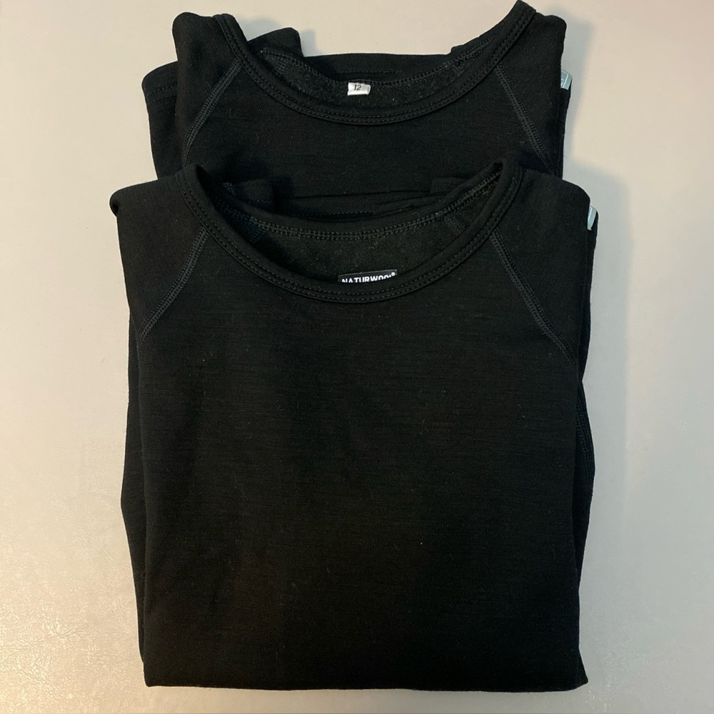 Lot Of 2! Naturwool Merino Wool Black Base Layer Shirts Kid sz 12